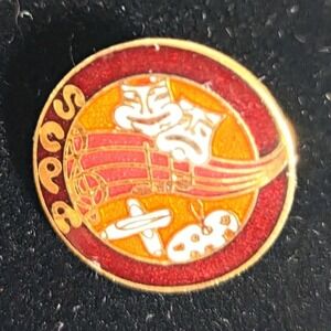 Vintage Jostens SPCA Round Enamel THEATER Pin w/ Clutch Back, Red Orange Gold